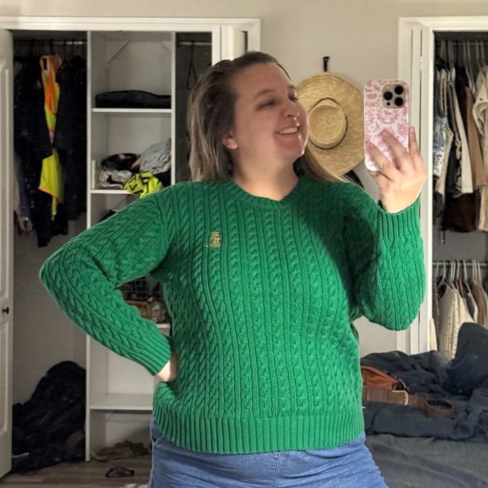 Polo Ralph Lauren Green Cable Knit Sweater | Women’s Size Medium | Crest Logo